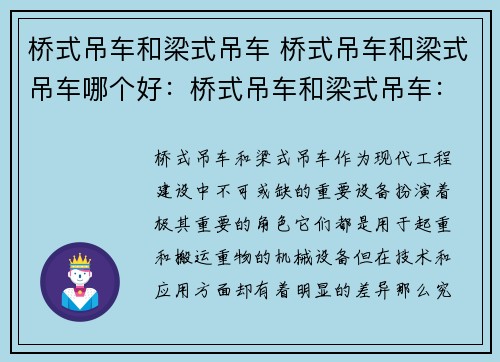 桥式吊车和梁式吊车 桥式吊车和梁式吊车哪个好：桥式吊车和梁式吊车：技术与应用