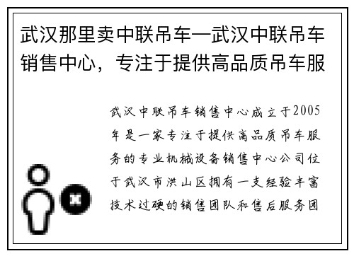 武汉那里卖中联吊车—武汉中联吊车销售中心，专注于提供高品质吊车服务