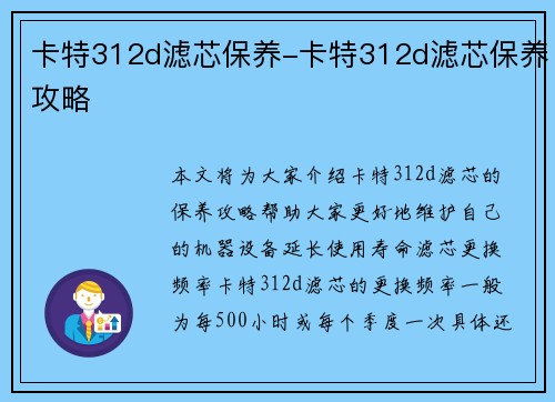 卡特312d滤芯保养-卡特312d滤芯保养攻略